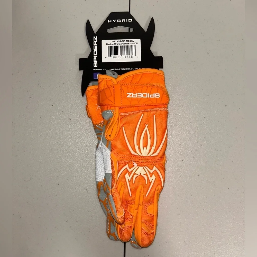 Spiderz Hybrid Batting Gloves Youth YXL Orange White Grey Baseball Softball